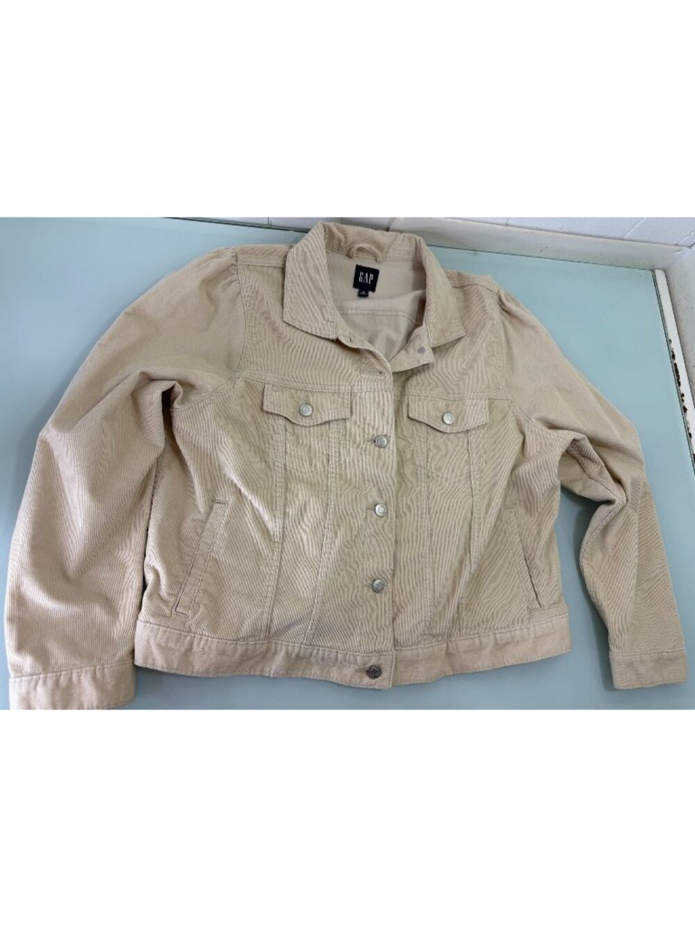 Gap Corduroy Trucker Jacket Women's XL Beige Button Puff Sleeve Stretch Cotton